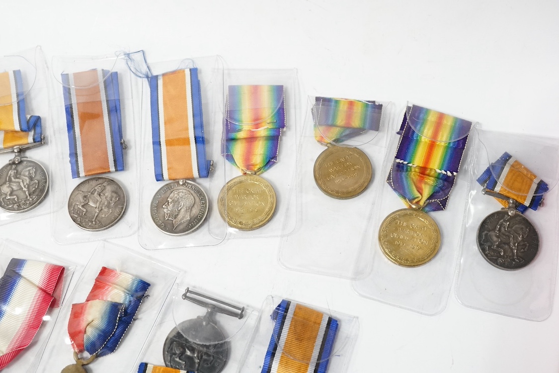 A collection of eighteen First World War medals including; eight British War Medals, five Victory Medals, four 1914-15 Stars, and one 1914 Star with clasp for 5th Aug - 22nd Nov. 1914, all named. Condition - poor to good